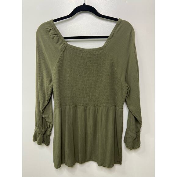 Sonoma Goods for Life Smocked Long Sleeve Blouse Pullover Olive Plus 0X Boho - Picture 2 of 7